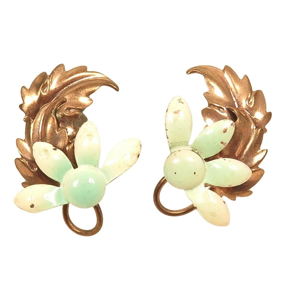 Vintage Copper Toned Pale‎ Blue & White Enamel Flower Screwback Earrings